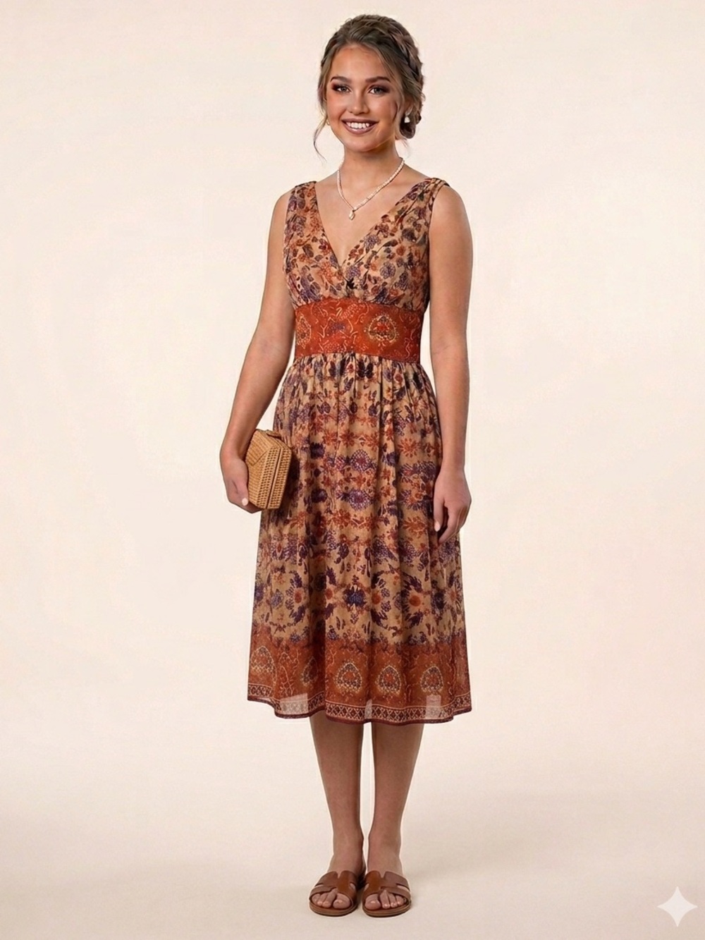 Maggy London Rust and Tan Floral Midi Dress